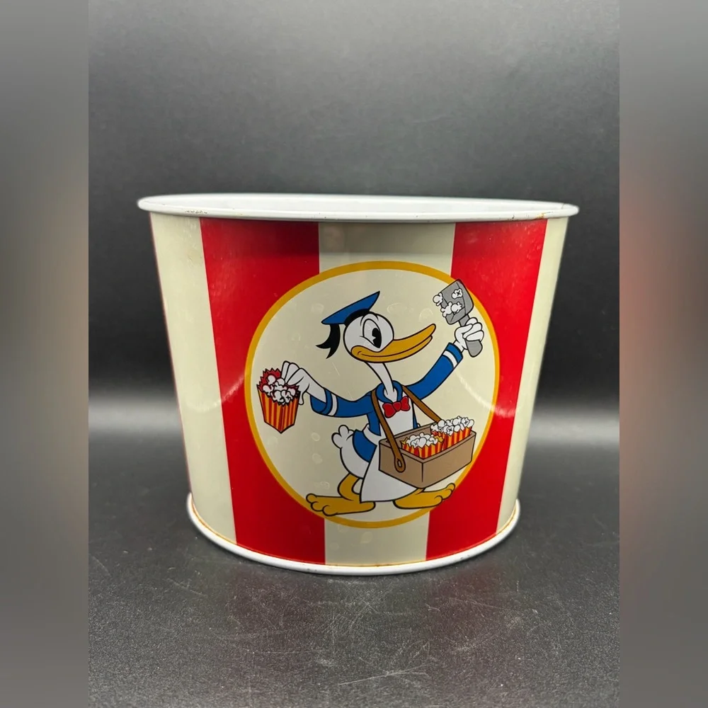 Vintage Disney Donald Duck Striped Metal Popcorn Bucket, Disney Collectibles